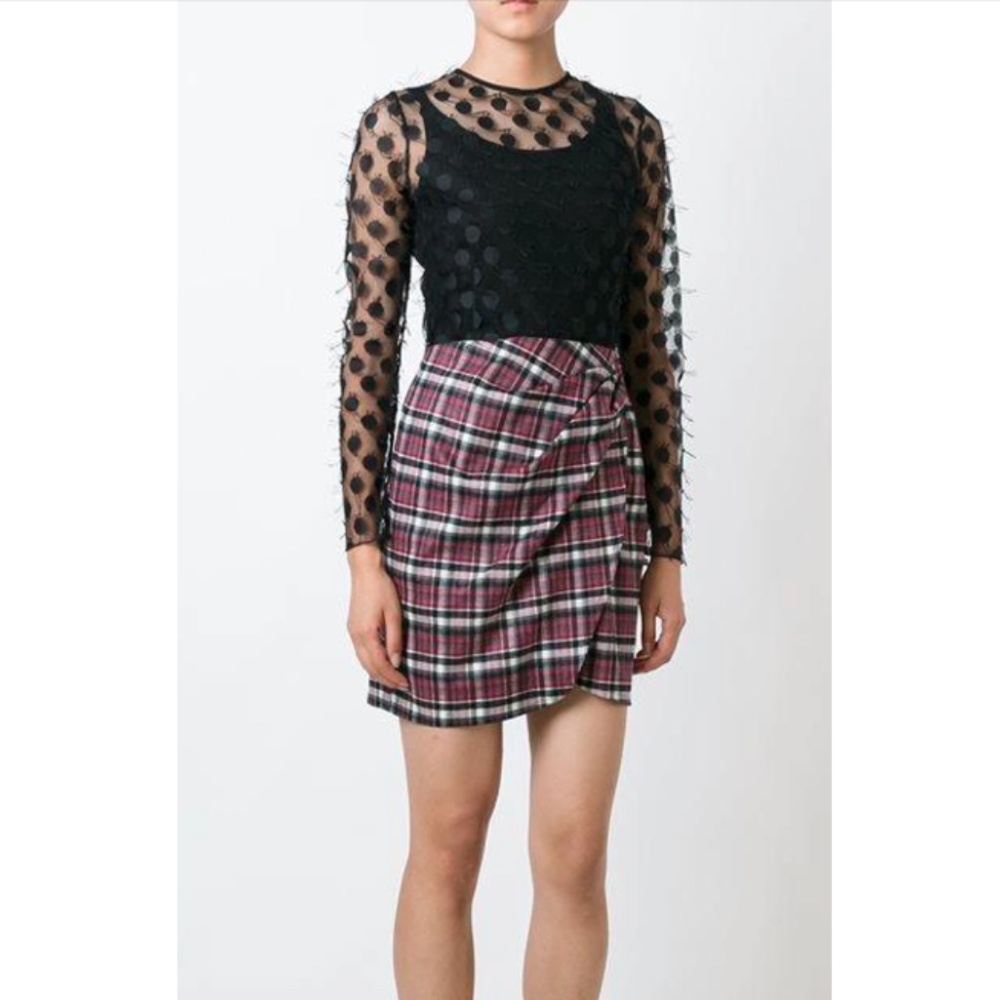 Giamba Black Fil Croup Dots Tulle + Plaid Wool Dress in Black/Red sz 42/S